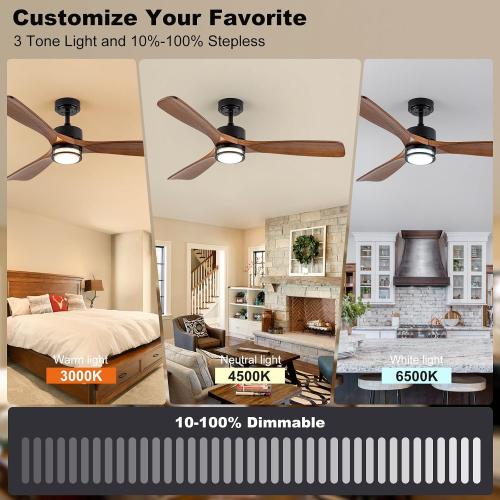Size 52” Color Brown Outdoor Ceiling Fan with Light, 3 Walnut Solid Wood Blade, Remote Control, 3CCT Dimmable LED, Timer, 6-Speed Reversible Motor All-Weather Use for Living Room or Patio