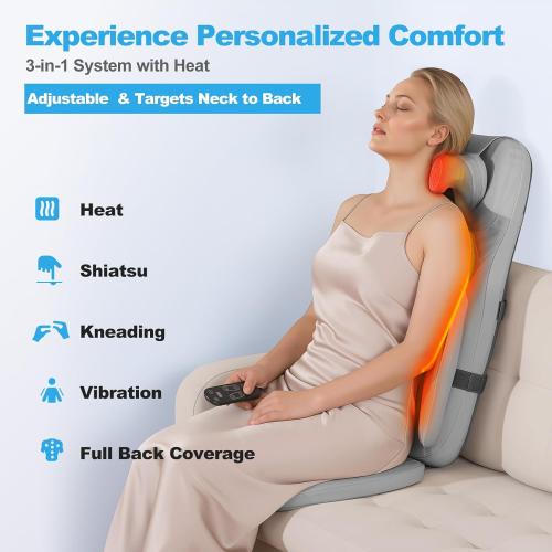 Shiatsu Neck and Back Massager with Heat - 3D Kneading & Vibration Full-Back Massage Cushion to Ease Muscle Stiffness, Adjustable Intensity & Height for Office Chair, Home Use (Grey)