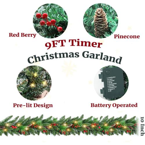 9ft Prelit Christmas Garland with Lights, Battery Operated Lighted Garland Pine Cones & Red Berries, Christmas Decoration for Mantle, Fireplace Indoor & Outdoor （Pine）