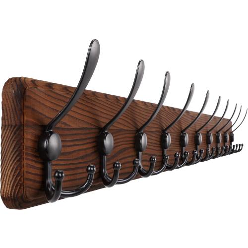 Gohiuo Rustic 38.6 Large Coat Rack Wall Mount, Long Wood Coat Hooks with 10 Triple Hooks, Heavy Duty Wooden Coat Hanger Wall Mount for Entryway, Farmhouse Hanging Jackets, Coats, Hats, Bags,Towel