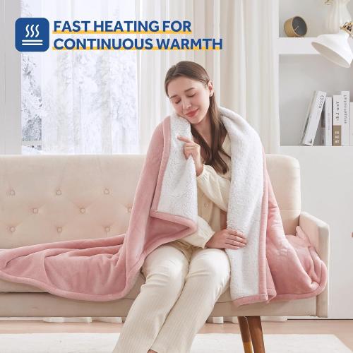 Sealy Electric Blanket Throw Size 50*60,Super Cozy Flannel to Sherpa Reversible Heated Blanket Throw with 6 Heating Levels & 2-10 Hours Auto Off Overheating Protection Machine Washable,Pink