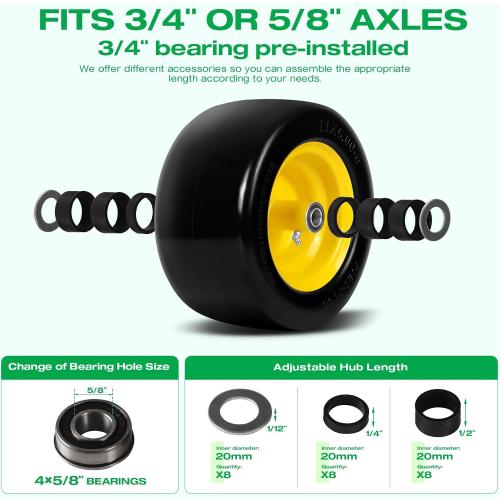 11x6.00-5 Flat Free Lawn Mower Tire Wheels; 2 Packs Smooth Tread Puncture-proof Tire for Lawnmowers, Replacement 3/4 & 4 Pcs 5/8 Bearing with 24 Spacers for Zero Turn Mowers 、Garden Tractors Carts