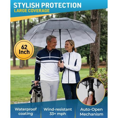 TUMELLA Golf Umbrella 62 Inch Windproof, Extra Large Auto Open, Double Canopy, Heavy Duty Rain Protection for Golf, Sports & Family Use, Wind Resistant & Tested 33  MPH