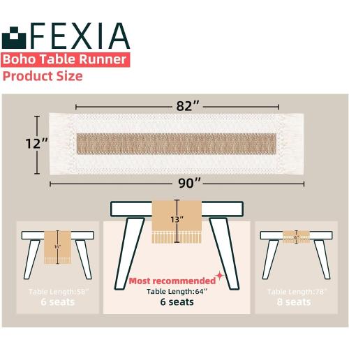 FEXIA Boho Table Runner for Christmas Thanksgiving Home Decor with Tassels 90 Inch Cream & Brown Macrame Runner for Dining & Bedroom Baby Bridal Shower Decor(12x90 Inches)