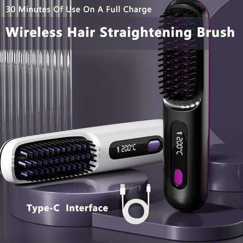 2026 Go Brush Pro for Short Hair, Portable Straightener Brushs for Travel, with LCD Temperature Display, Fast Heating Cordless Mini Hair Brushs Styling Tools (Purple)