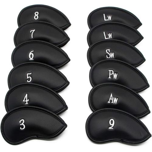 12pcs Golf Iron Head Covers - Thick Synthetic Leather Golf Club Headcover Set Fit All Brands by KUWAN (Black)