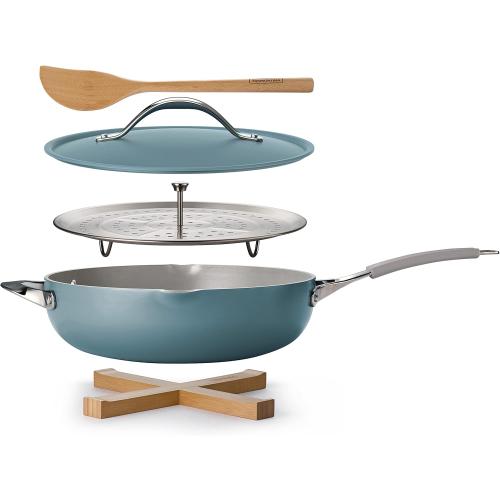 Tramontina All-in-One Plus Pan Set, 5-Quart Ceramic Non Stick Cooking Pan with Lid, Steamer Insert, Bamboo Utensil and Trivet, Blue ‼️missing accessories ‼️