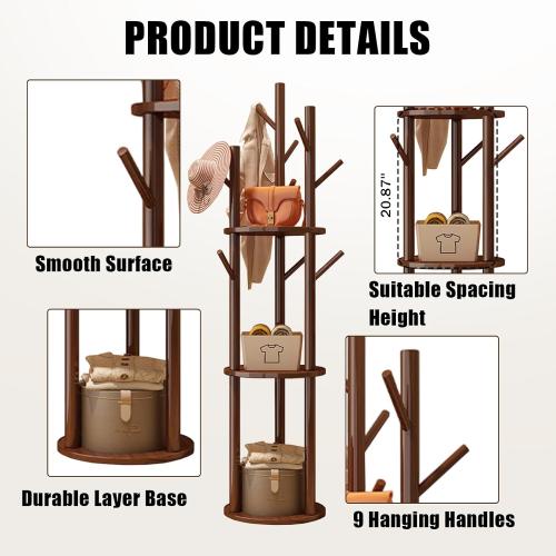 Simcat Wood Coat Rack with 3 Shelves and 9 Hooks Coat Tree Hanger Freestanding Coat Rack for Bedroom, Hallway, Entrance, Office, for Hats, Coats, Scarves, Handbags (Fixed rack walnut color)