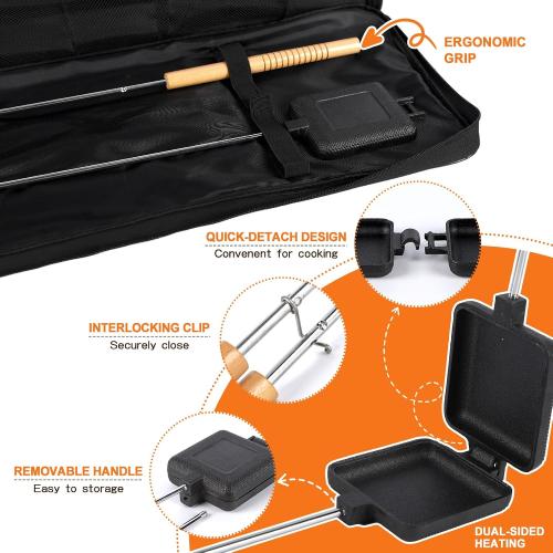 Outdoor pie irons for camping - with heat-resistant, detachable handles, includes a storage bag, easy to clean, perfect for grilling sandwiches and pies over a campfire (2-pack)
