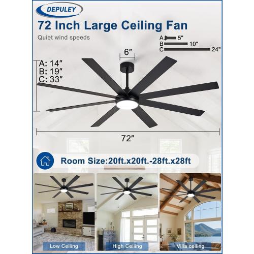 Depuley 72 Ceiling Fans with Lights: Black Indoor/Outdoor Ceiling Fan for Patios Living Room - 8 Blades Dimmable Large Ceiling Fans with Remote APP Control Timer Reversible Quiet DC Motor 6 Speeds