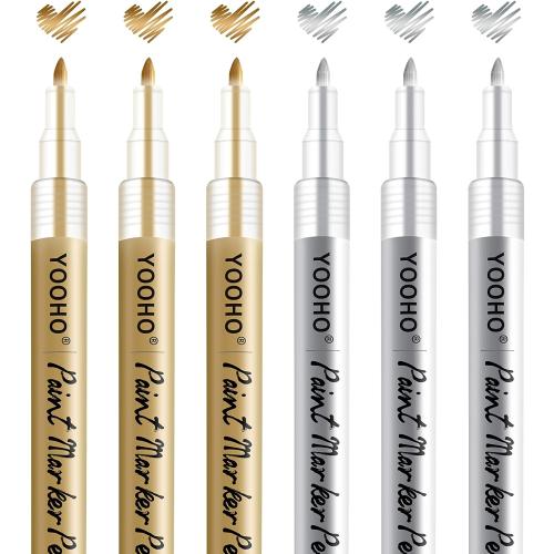 Paint Pen Gold Silver Metallic Permanent Acrylic Markers Set for Fabric Glass Rock Wooden Ceramic Leather Tire Painting, 0.7mm Extra Fine Tip (3pcs Gold 3pcs Silver)