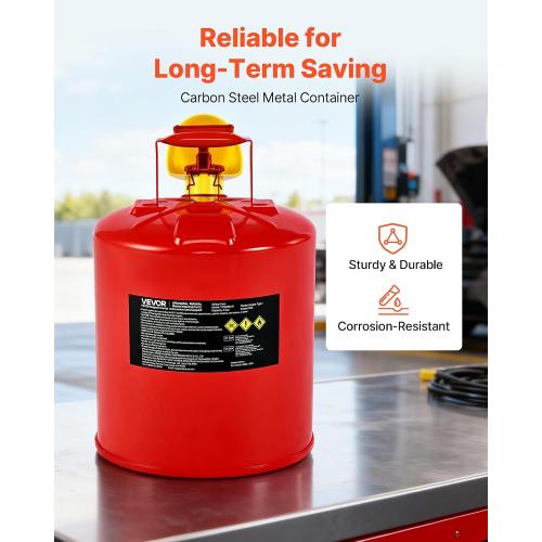 VEVOR Safety Gas Can, 5 Gallon Type I Red Metal Container for Liquid Material with Stainless Steel Flame Arrester, Self-Closing Lid & PE Funnel, Carbon Steel Flammable Saving with Handle