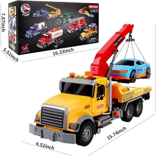 Dwi Dowellin Kids Toys for 3 4 5 6 7 Years Old Boys, 15 Large Tow Truck Toy,Friction Powered Transport Truck Crane Toy with Lights and Sounds,with Roadster,Toddlers Gifts