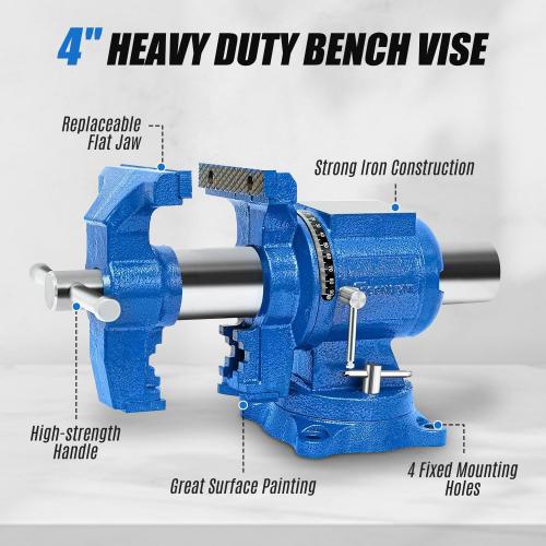 Heavy Duty Bench Vise, 4 Inch Jaw Width and Opening, 360° Swivel Base with Anvil, Multipurpose Clamp & Combination Pipe Vise for Woodworking, Metalworking, Conduit Work