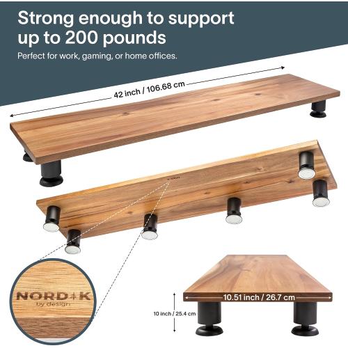Nordik Large Dual Monitor Riser for 2 - 42.5 Inch Premium Handmade Hardwood Acacia Computer - Wood Shelf Desk Organizer Television - Laptop TV Stand with Storage Organizer for Desk Accessories (Brown)