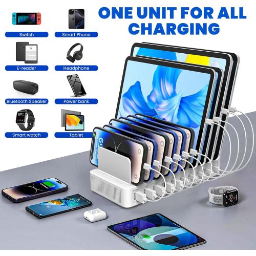 Charging Station for Multiple Devices, 100W 10 Ports Charging Dock with 10 Cables Smart IC Tech and Adjustable Dividers Type-C，Multi USB Charger for iPhone Galaxy iPad Tablet，White
