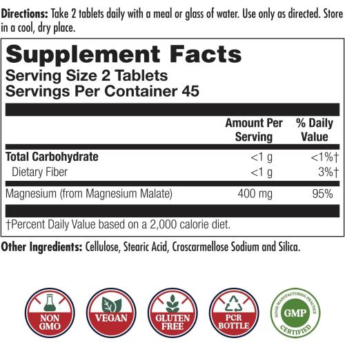 KAL Magnesium Malate 400mg, Chelated Magnesium Supplement with Malic Acid, Healthy Energy & Muscle Function Support, Enhanced Absorption, Vegan, Non-GMO, 45 Servings, 90 Veg Tabs