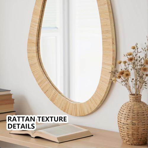 Rattan Mirror for Wall,30.5'' x 19.5 Wooden Framed Farmhouse Boho Wicker Coastal Irregular Vanity Mirror for Bathroom Living Room Entryway