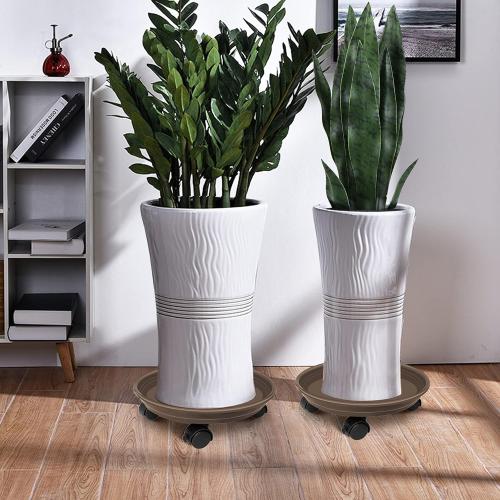 2 Pack of Plant Pallet Caddy with Wheels, Round Flower Pot Mover, Indoor Rolling Planter Dolly on Wheels, Outdoor Planter Trolley Tray Coaster, Brown