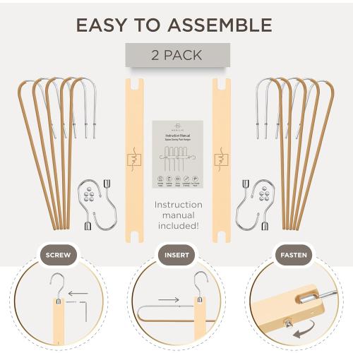 MORALVE Pants Hangers Space Saving - 2 Pack European Beechwood Scarf and Jean Hangers - Closet Organizer and Space Saver Pant Rack, Leggings Hanger, and Scarf Holder with 360° Swivel Hook