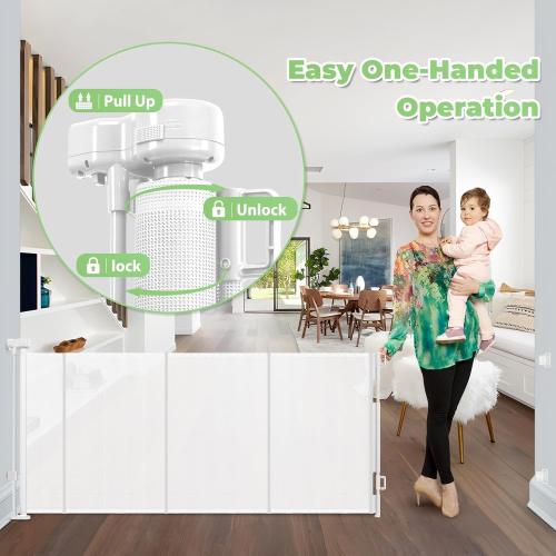 White Reinforced 120 Inch Extra Long Retractable Baby & Dog Gate with Support Rods Prevents Crawling Under, 10 Ft Wide for Large Openings, Indoor/Outdoor Gate, White