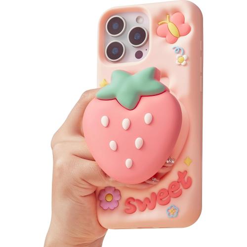 for iPhone 15 Case, Cute 3D Strawberry Pop-Up Grip for Girls