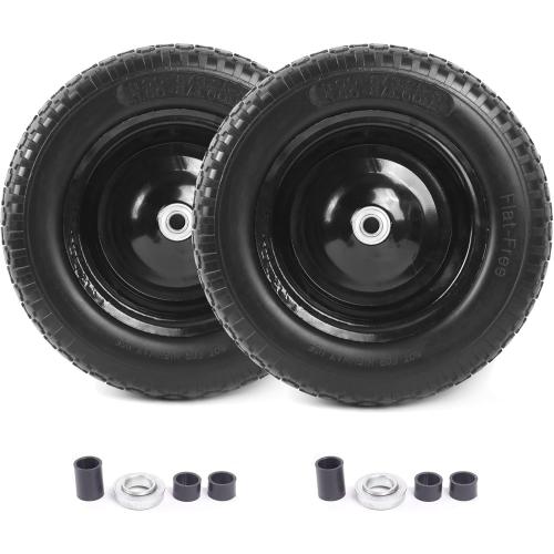(2-PACK) 4.80/4.00-8 Flat Free Tire and Wheel - Universal Fit 14.5 Solid Wheelbarrow Tires with 3 Hub and 5/8 Bearings – Extra Adapter kit includes 3/4 Ball Bearings, 1 and 1/2 Nylon Spacers