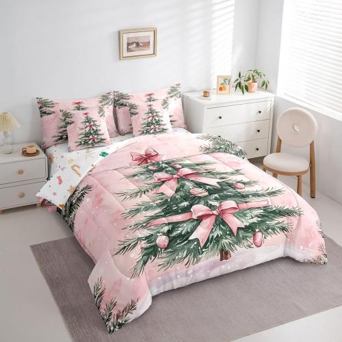 Cartoon Xmas Tree Bed in a Bag 7pcs for Girls Princess Christmas Bedding Set, Pink Bowknots Queen Size Comforter Set Happy New Year Festival Decorative Bedding Comforter Sets, Watercolor Bed Set