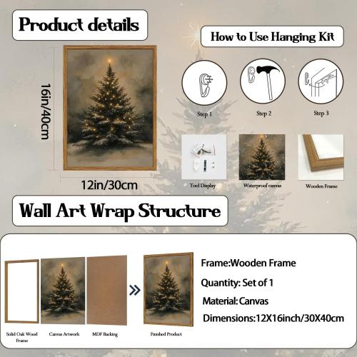 Vintage Christmas Wall Art Natural Christmas Tree Wall Decor Paintings Winter Landscape Pine Tree Poster Canvas Prints for Farmhouse Mantel Bedroom Living Room 12x16 inch Wood Framed