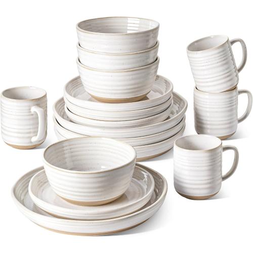 LE TAUCI Dinnerware Sets 16 PCS, Stoneware Plates and Bowls Set, House Warming Wedding Present, Serve for 4 (10 Dinner Plates   8 Salad Dish   28 oz Cereal Bowl 12oz coffee mugs) x 4, Arctic White (NO DINNER PLATES)