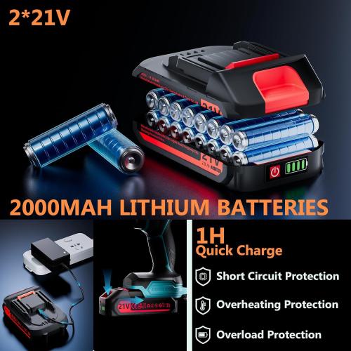 Cordless Drill with 2 Batteries and Charger, 21V Electric Drill Cordless, Portable Power drill Set, 3/8 Keyless Chuck, 2 Variable Speed, 25  3 Clutch, 398 In-lb Max Torque