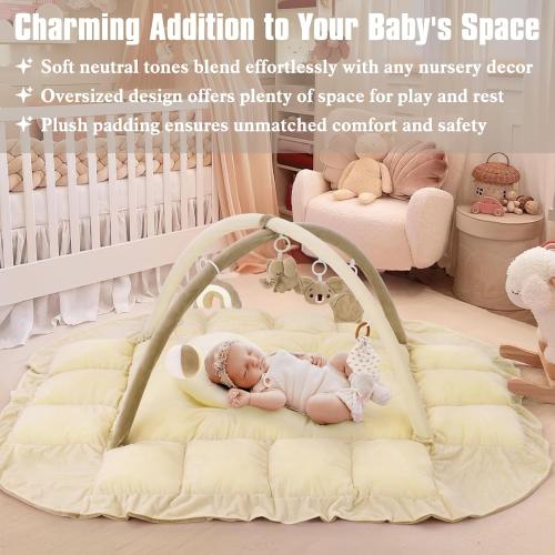 5-in-1 Plush Baby Play Gym & Activity Mat, Baby Play Mats, Baby Gym with Convertible Design, Tummy Time Mat with Pillow, 6 Sensory Toys for Newborn to Toddler, Cream