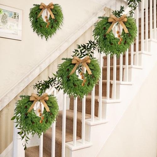 Faux Christmas Norfolk Pine Wreath with 4 Pcs Rustic Vintage Iron Bells,20 Inch Artificial Green Wreath Greenery Realistic Wreath Holiday Decoration (Bow)