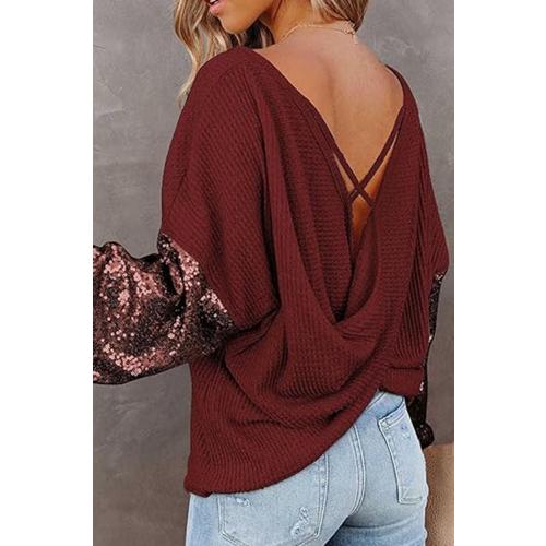 Size XL Glitter Off Shoulder V Neck Backless Pullover Tops,Women Sequin V Neck BacklessLong Sleeve Waffle Knit Sweater