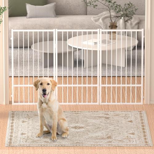 SNUOWU Full Metal Freestanding Dog Gate with Door, 36''Height Foldable Pet Dog Fence for Indoor & Outdoor, 3 Panels Extra Wide Free Standing TallDog Gates for Doorways,House,Stairs,Porch,Deck,Yard
