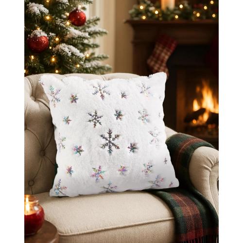 Christmas Pillow Covers 18x18 Inch - Set of 2 Embroidered White Christmas Throw Pillow Cases Soft Plush Faux Fur Snowflake Xmas Decorations Winter Holiday Decor for Home Bedroom Sofa