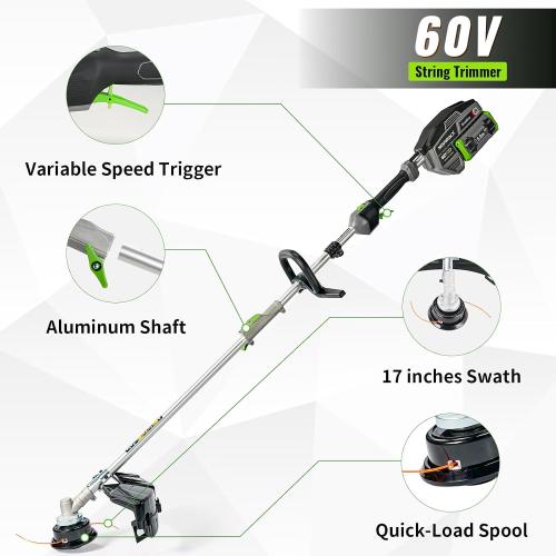 Size 17 inch 60V Lithium Ion Cordless String Trimmer, 17 Inch Two Speed Brushless String Trimmer with 5.0Ah Battery and Charger