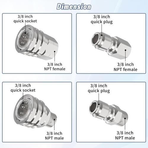 Pressure Washer Quick Connect Kit, 3/8 Male Female Quick Disconnect Kit for Power Washer, 3/8 Inch Hose Fittings Adapter Set, Stainless Steel, 8 Pcs