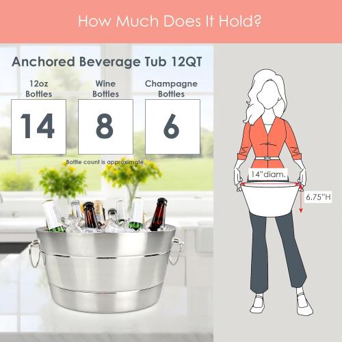 BREKX Stainless Steel Ice Bucket for Parties, Double Wall Insulated Anchored Brushed Drink Tub & Wine Bucket with Double Hinged Handles, Drink Chiller for Parties, 12QT (3 Gallon), 100% Leak Proof