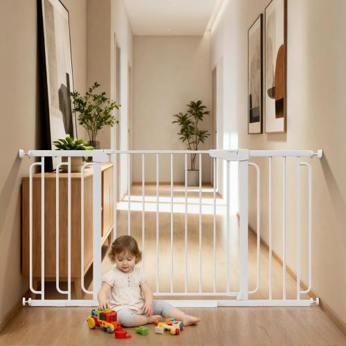 Cumbor 36.6-59 Extra Wide Baby Gate for Stairs, Pressure Mounted Dog Gate for Doorways, Auto-Close Easy Walk Through Safety Child Gate for Kids Toddler, Tall Pet Gates Indoor, White
