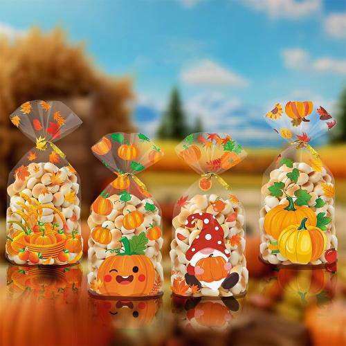 50Pcs Fall Thanksgiving Treat Bags, Happy Thanksgiving Candy Bags, Plastic Thanksgiving Goodie Bag, Fall Treat Goodie Cellophane Gift Bags with Twist Ties for Fall Party Decorations Supplies Favors
