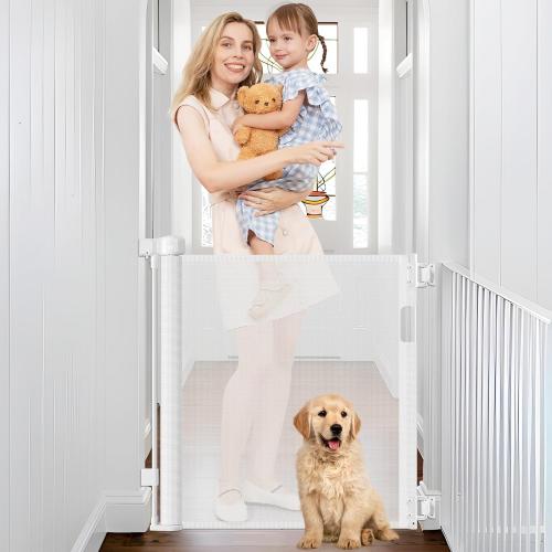 Retractable Baby Gates 0-39 Wide Narrow Pet Gate, 33 Tall Retractable Dog Gates for Doorways Mesh Dog Gate Indoor Narrow Child Safety Gates for The House, White