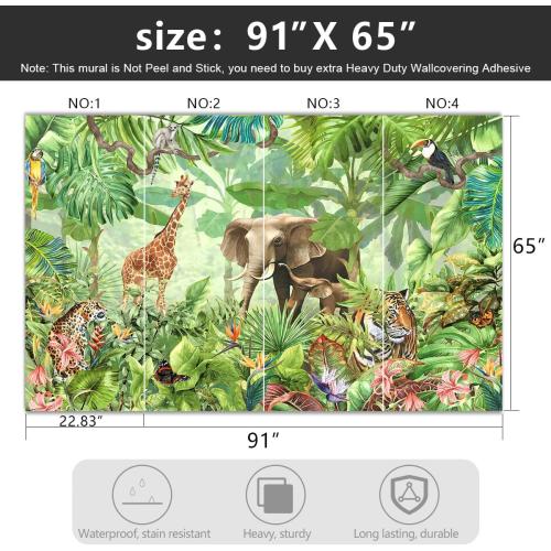 -Green Rainforest Plants Animals Tiger Cloth Wallpaper Jungle Plants Banana Leaves Boys Girls Kindergarten Children's Room Large Mural- 91x65（ not Peel and Stick）