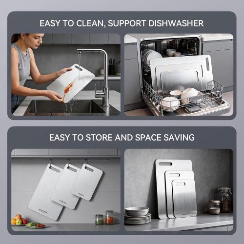 100% Pure Titanium Cutting Board for Kitchen Double-Sided Non-Toxic Titanium Cutting Board with Handle, Dishwasher Safe Chopping Board for Meat, Vegetables & Fruits, Cutting Board Set in S/M/L Sizes