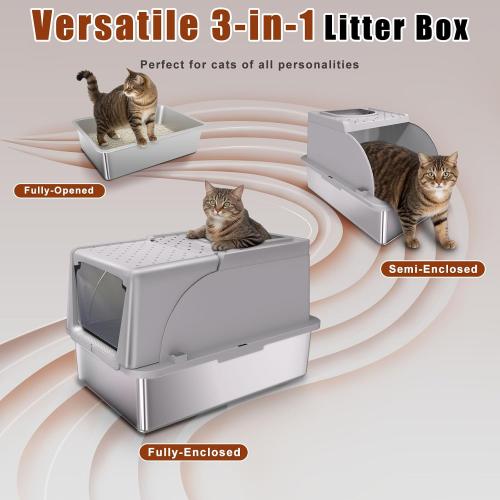 Grey 23.6 L × 15.7 W × 14.5 H Stainless Steel Cat Litter Box with Lid, 180° Flip Top XL Enclosed Litter Box with Trapping Mat & Metal Scoop, Front Top Dual Entry Steel Extra Large Cat Litter Pan