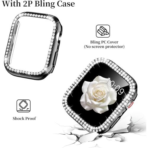 Mosonio Compatible with Apple Watch Band 38mm 40mm 41mm 42mm 44mm 45mm 46mm 49mm with 2 Pack Case Women, Jewelry Replacement Metal Bands Strap with Bling PC Protective Case for iWatch Ultra SE Series 11/10/9/8/7/6/5/4/3/2/1