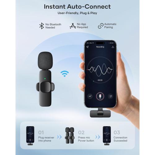 2 Pack Wireless Lavalier Microphone for iPhone iPad and Android Phone, Lapel Mic Plug and Play Wireless Mic Noise Reduction Mini Microphone for Video Recording Interview Podcast Vlog YouTube Tiktok