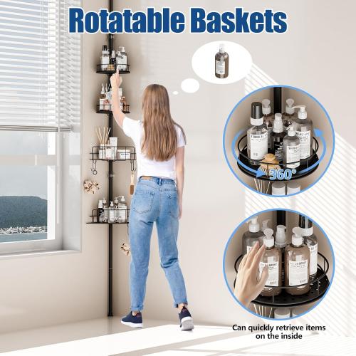 HOUSE AGAIN Corner Shower Caddy Tension Pole with Rotatable Shelves, 4 Ties Adjustable Shelves and 2 Hooks for Bathroom, Rustproof Shower Organizer and Storage, Pole Fit 43-114 Inch Height