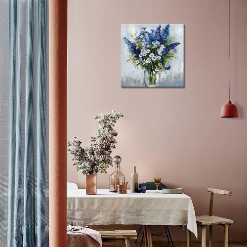 Blue and White Flower Wall Art, Bathroom Floral in vase Canvas Print Nature Scenery Wall Art for Living Room Bedroom Wall Painting Decoration Modern Artwork