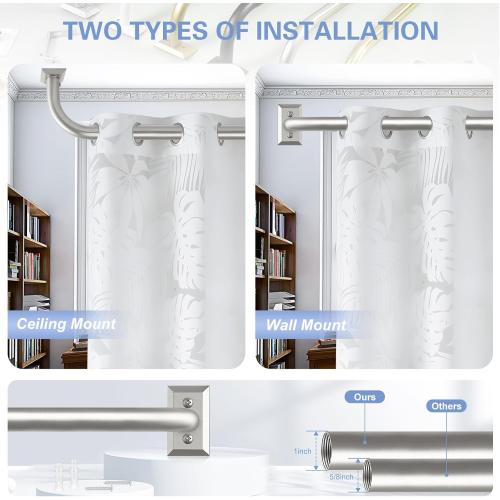 Nickel Wrap Around Curtain Rods:Blackout Heavy Duty Adjustable Window Curtain Rod Room Darkening,1Inch Modern Decorative Curved French Metal Single Drapery Rod Easy Install,Satin Nickel 48-90